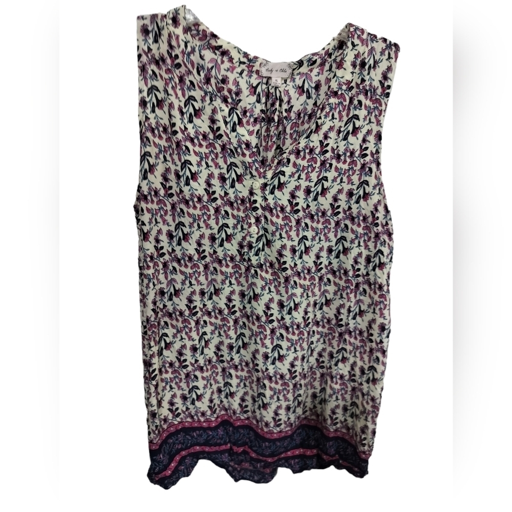 2396) Bailey & Chloe Ivory Fuchsia Floral Print Split Neck Tank Size XL
